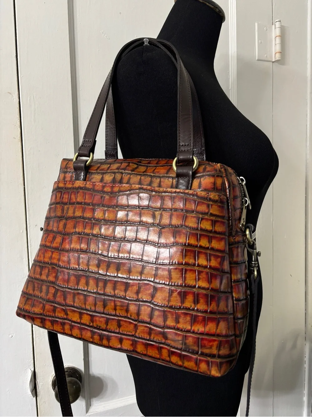 Patricia Nash Brown Rosora Croc-Embossed Leather Satchel Autumn Bag - Picture 2 of 16